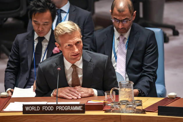 August 25, 2026, New York, New York, United States: CARL SKAU, Acting Executive Director of the World Food Programme (WFP), briefs the United Nations Security Council during the open debate Food Under Fire: The Security Councilâ€⠢s Role in Mitigating Global and Local Food Crises. Skau warned that the conflict-hunger cycle is accelerating globally, highlighting crises in Sudan, Gaza, Somalia and Yemen, and called for earlier action under Resolution 2417, greater protection of civilians and humanitarian workers, and safeguarding food and humanitarian supply routes. New York United States - ZUMAo116 20260825_znp_o116_003 Copyright: xBiancaxOterox