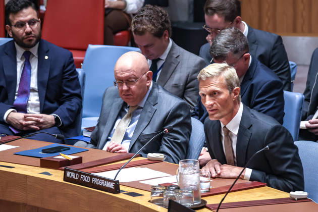 August 25, 2026, New York, New York, United States: CARL SKAU, Acting Executive Director of the World Food Programme (WFP), briefs the United Nations Security Council during the open debate Food Under Fire: The Security Councilâ€⠢s Role in Mitigating Global and Local Food Crises. Skau warned that the conflict-hunger cycle is accelerating globally, highlighting crises in Sudan, Gaza, Somalia and Yemen, and called for earlier action under Resolution 2417, greater protection of civilians and humanitarian workers, and safeguarding food and humanitarian supply routes. New York United States - ZUMAo116 20260825_znp_o116_004 Copyright: xBiancaxOterox
