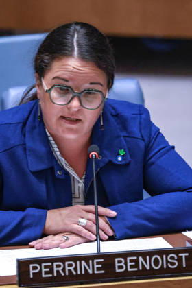 August 25, 2026, New York, New York, United States: PERRINE BENOIST, Co-CEO of Action Against Hunger and member of the Global Coalition Against Conflict and Hunger, briefs the United Nations Security Council during the open debate Food Under Fire: The Security CouncilÃ¢â‚¬â ¢s Role in Mitigating Global and Local Food Crises. Benoist addressed the relationship between conflict and hunger and the need to protect civilians, ensure humanitarian access and strengthen action against conflict-driven food insecurity. New York United States - ZUMAo116 20260825_znp_o116_009 Copyright: xBiancaxOterox