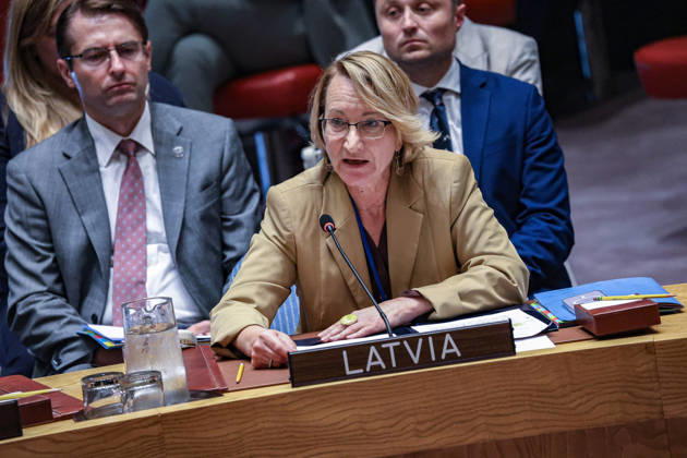 August 25, 2026, New York, New York, United States: DACE MELBARDE, Parliamentary Secretary at the Ministry of Foreign Affairs of Latvia, addresses the United Nations Security Council during the high-level open debate Food Under Fire: The Security CouncilÃ¢â‚¬â ¢s Role in Mitigating Global and Local Food Crises. Melbarde addressed the impact of armed conflict on food security, protection of civilians and the need to uphold international humanitarian law. New York United States  - ZUMAo116 20260825_znp_o116_016 Copyright: xBiancaxOterox