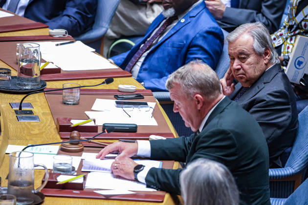 August 25, 2026, New York, New York, United States: United Nations Secretary-General ANTONIO GUTERRES listens to LARS LOKKE RASMUSSEN, Minister for Foreign Affairs of Denmark, during the Security Council high-level open debate Food Under Fire: The Security CouncilÃ¢â‚¬â ¢s Role in Mitigating Global and Local Food Crises, addressing conflict-related hunger, humanitarian access and threats to global food security. New York United States - ZUMAo116 20260825_znp_o116_012 Copyright: xBiancaxOterox