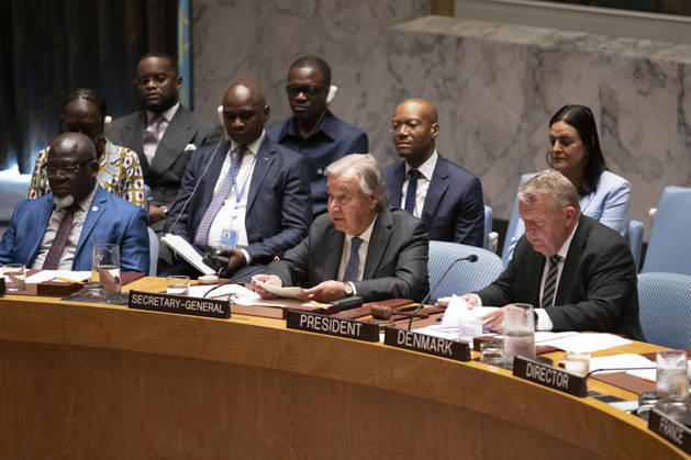 (260825) -- UNITED NATIONS, Aug. 25, 2026 -- UN Secretary-General Antonio Guterres (C, front) speaks during a UN Security Council open debate on the council s role in mitigating global and local food crises at the UN headquarters in New York, Aug. 25, 2026. UN Secretary-General Antonio Guterres on Tuesday called for action to break the vicious cycle of armed conflict and food insecurity. ) UN-SECURITY COUNCIL-OPEN DEBATE-FOOD SECURITY XiexE 