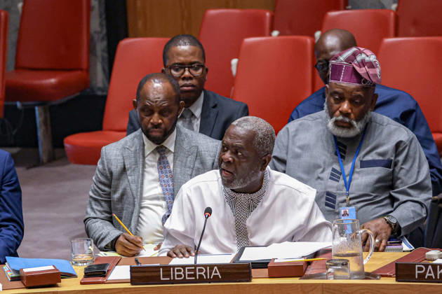 August 25, 2026, New York, New York, United States: LEWIS G. BROWN II, Permanent Representative of Liberia to the United Nations, addresses the Security Council during an open debate on conflict-related food insecurity. Drawing on Liberiaâ€⠢s 14 years of civil war, Brown said Liberia speaks not as an observer of hunger but as a survivor, recalling food convoys turned back at checkpoints and markets destroyed as frontlines, and warning that when war traps food, war has already won. New York United States - ZUMAo116 20260825_znp_o116_018 Copyright: xBiancaxOterox