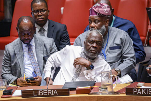 August 25, 2026, New York, New York, United States: LEWIS G. BROWN II, Permanent Representative of Liberia to the United Nations, addresses the Security Council during an open debate on conflict-related food insecurity. Drawing on Liberiaâ€⠢s 14 years of civil war, Brown said Liberia speaks not as an observer of hunger but as a survivor, recalling food convoys turned back at checkpoints and markets destroyed as frontlines, and warning that when war traps food, war has already won. New York United States - ZUMAo116 20260825_znp_o116_020 Copyright: xBiancaxOterox