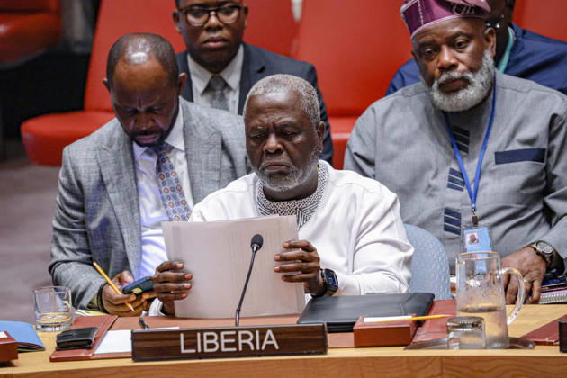 August 25, 2026, New York, New York, United States: LEWIS G. BROWN II, Permanent Representative of Liberia to the United Nations, addresses the Security Council during an open debate on conflict-related food insecurity. Drawing on Liberiaâ€⠢s 14 years of civil war, Brown said Liberia speaks not as an observer of hunger but as a survivor, recalling food convoys turned back at checkpoints and markets destroyed as frontlines, and warning that when war traps food, war has already won. New York United States - ZUMAo116 20260825_znp_o116_022 Copyright: xBiancaxOterox
