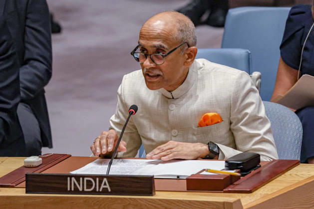 August 25, 2026, New York, New York, United States: HARISH PARVATHANENI, Permanent Representative of India to the United Nations, addresses the Security Council during an open debate on conflict-related food insecurity, highlighting how regional conflicts can disrupt food systems and affect food security far beyond the areas directly involved. New York United States  - ZUMAo116 20260825_znp_o116_031 Copyright: xBiancaxOterox