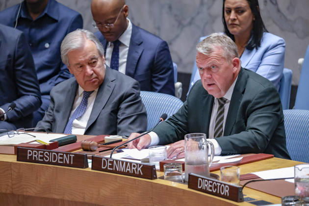 August 25, 2026, New York, New York, United States: United Nations Secretary-General ANTONIO GUTERRES looks towards LARS LOKKE RASMUSSEN, Minister for Foreign Affairs of Denmark, as Rasmussen speaks on behalf of Denmark during the Security Council high-level open debate Food Under Fire, a signature event of DenmarkÃ¢â‚¬â ¢s August presidency focused on conflict-driven hunger and its wider effects on global food security. New York United States  - ZUMAo116 20260825_znp_o116_034 Copyright: xBiancaxOterox
