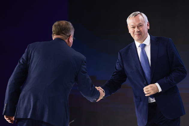 RUSSIA, NOVOSIBIRSK - AUGUST 26, 2026: Novosibirsk Region Governor Andrei Travnikov (R) attends the opening of Technoprom 2026, the 13th International Technological Development Forum, at the Novosibirsk Expocentre. Kirill Kukhmar TASS  96649408