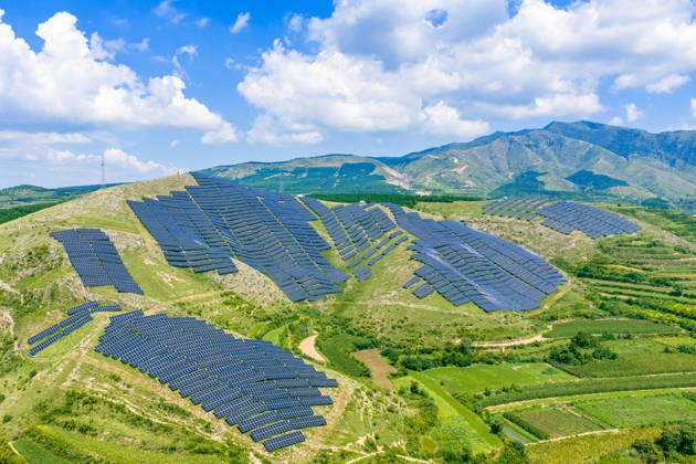 YUNCHENG, CHINA - AUGUST 26: Rows of solar panels cover barren hillsides on August 26, 2026 in Yuncheng, Shanxi Province of China. Local authorities have developed the photovoltaic power generation industry by utilizing barren mountain slopes to convert solar energy into clean electricity.  Copyright: xVCGx 111662285396
