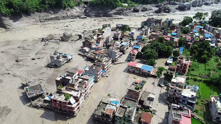 RECORD DATE NOT STATED Flash flood ravages Nepal™s Rasuwa Rasuwa Nepal , Aug 26 (ANI): An aerial view of the houses partially submerged in mud-laden flash flood following an outburst in the Bhotekoshi River, in Rasuwa on Wednesday. (ANI Video Grab) Rasuwa Nepal Copyright: xANIx ANI_20260826161