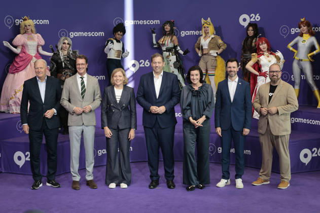 Gerald Böse, Hendrik Wüst, Henna Virkkunen, Lars Klingbeil, Dorothee Bär, Felix Falk und Lars Janssen bei der Politischen Eröffnung der weltgrößten Computerspielmesse Gamescom 2026 in der Koelnmesse. Köln, 26.08.2026