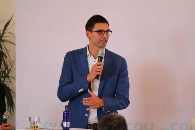 26.08.2026 Politik CDU Bürgerdialog mit Dr. Johann Wadephul, Sepp Müller und Dr. Anja Schneider Kornhaus Dessau Sepp Müller (CDU, MdB) während des Bürgerdialogs. Dessau-Roßlau Sachsen-Anhalt Deutschland