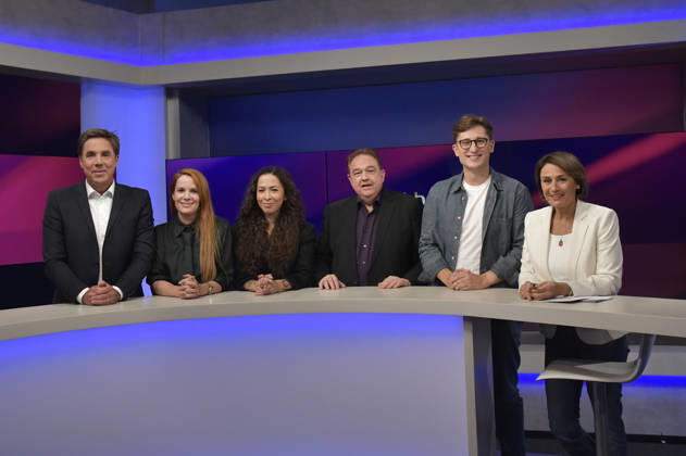 Markus Feldenkirchen, Florence Gaub, Anna Schneider, Oliver Kalkofe, Philipp Türmer und Sandra Maischberger in der ARD-Talkshow maischberger im Studio Berlin Adlershof. Berlin, 26.08.2026