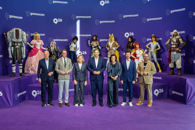 Gruppenbild vor der politischen Eröffnung der gamescom 2026 - 26.08.26 Gerald Böse (Geschäftsführer der Koelnmesse), Hendrik Wüst (NRW-Ministerpräsident, CDU), Henna Virkkunen (Exekutive Vizepräsidentin der Europäischen Kommission), Lars Klingbeil (Vizekanzler und Bundesfinanzminister, SPD), Dorothee Bär (Bundesforschungsministerin, CSU), Felix Falk (Geschäftsführer des Verbands der deutschen Games-Branche game) und Lars Janssen (Vorstandsvorsitzender des game) im Gruppenbild vor der politischen Eröffnung der gamescom 2026 im Confex der Koelnmesse in Köln. Köln Deutz Nordrhein-Westfalen Deutschland Copyright: xMarcxJohnx