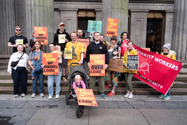 August 27, 2026, Glasgow, Scotland, UK: Campaigners from The Dad Shift, Dads Rock and Fathers Network Scotland gathered in Glasgow as part of what organisers describe as the first-ever parents strike, taking place in cities across the UK. The organisers argue that the UKs current statutory paternity provision is inadequate and are calling for flexible working by default and at least six weeks paternity leave at 90 per cent pay, including for self-employed workers. Glasgow UK - ZUMAs357 20260827_zip_s357_003 Copyright: xCameronxScottx