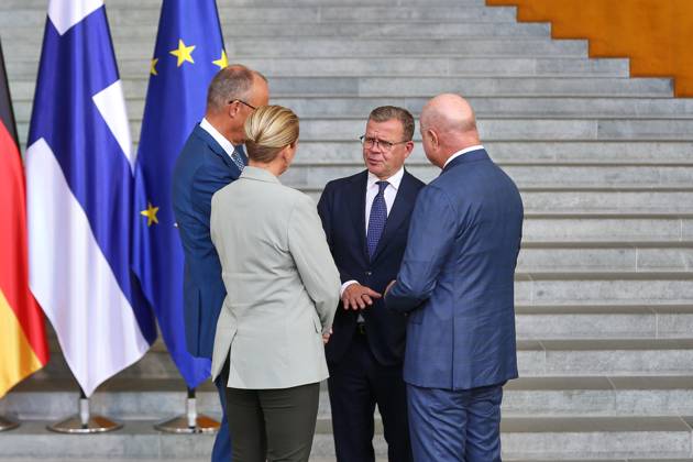Berlin, Deutschland, 27.08.2026: Bundeskanzleramt: Empfang von gleichgesinnten Regierungschefs für Beratung über EU-Finanzrahmen: L-R: Bundeskanzler Friedrich Merz (CDU) (Deutschland), Mette Frederiksen (Dänemark), Petteri Orpo (Finnland), Christian Stocker (Österreich) Copyright: xdtsxNachrichtenagenturx dts_131387