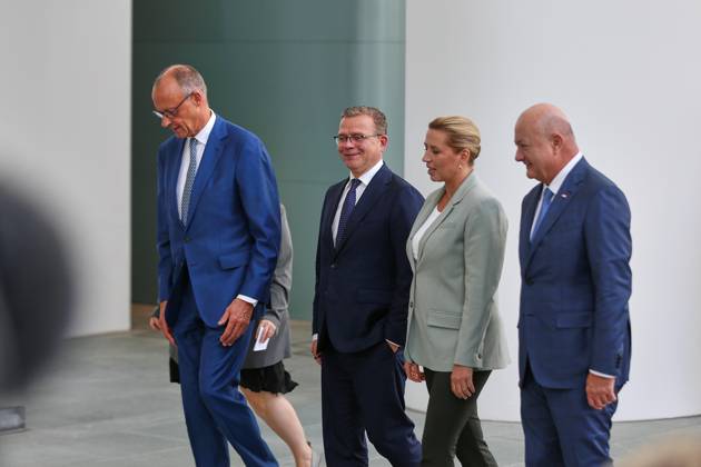 Berlin, Deutschland, 27.08.2026: Bundeskanzleramt: Empfang von gleichgesinnten Regierungschefs für Beratung über EU-Finanzrahmen: L-R: Bundeskanzler Friedrich Merz (CDU) (Deutschland), Petteri Orpo (Finnland), Mette Frederiksen (Dänemark), Christian Stocker (Österreich) Copyright: xdtsxNachrichtenagenturx dts_131386