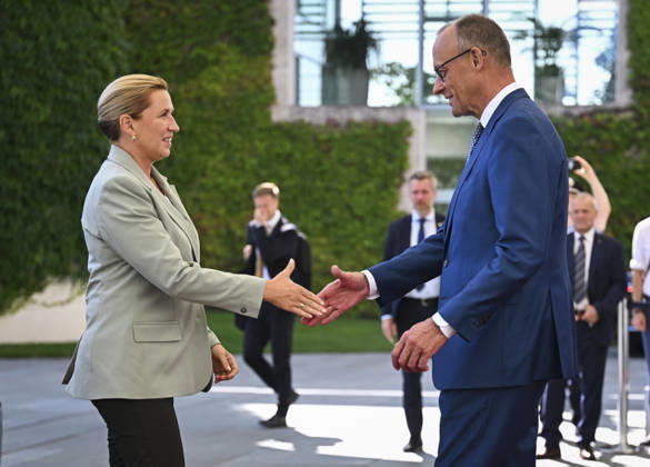 Danish Prime Minister Mette Frederiksen in Berlin BERLIN, GERMANY - AUGUST 27: German Chancellor Friedrich Merz (R) welcomes Danish Prime Minister Mette Frederiksen (L) prior to a meeting with heads of government at the Federal Chancellery in Berlin, Germany, on August 27, 2026. Halil Sagirkaya Anadolu Berlin Germany. Editorial use only. Please get in touch for any other usage.  Copyright: x2026xAnadoluxHalilxSagirkayax