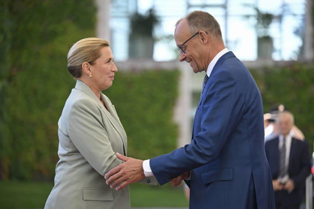 Danish Prime Minister Mette Frederiksen in Berlin BERLIN, GERMANY - AUGUST 27: German Chancellor Friedrich Merz (R) welcomes Danish Prime Minister Mette Frederiksen (L) prior to a meeting with heads of government at the Federal Chancellery in Berlin, Germany, on August 27, 2026. Halil Sagirkaya Anadolu Berlin Germany. Editorial use only. Please get in touch for any other usage.  Copyright: x2026xAnadoluxHalilxSagirkayax