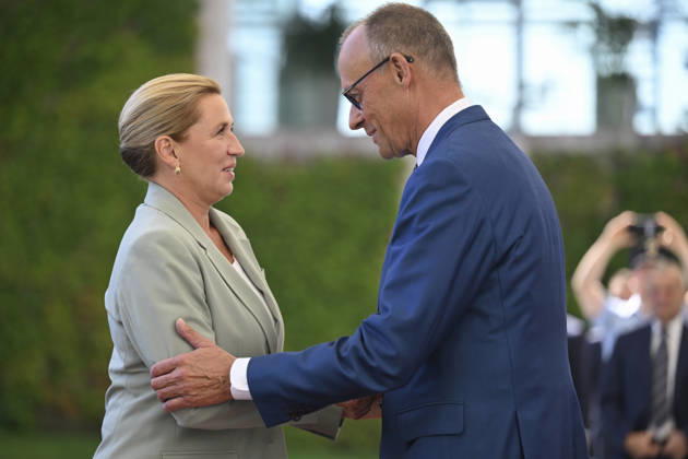 Danish Prime Minister Mette Frederiksen in Berlin BERLIN, GERMANY - AUGUST 27: German Chancellor Friedrich Merz (R) welcomes Danish Prime Minister Mette Frederiksen (L) prior to a meeting with heads of government at the Federal Chancellery in Berlin, Germany, on August 27, 2026. Halil Sagirkaya Anadolu Berlin Germany. Editorial use only. Please get in touch for any other usage.  Copyright: x2026xAnadoluxHalilxSagirkayax