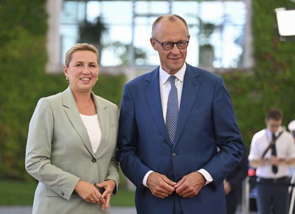 Danish Prime Minister Mette Frederiksen in Berlin BERLIN, GERMANY - AUGUST 27: German Chancellor Friedrich Merz (R) welcomes Danish Prime Minister Mette Frederiksen (L) prior to a meeting with heads of government at the Federal Chancellery in Berlin, Germany, on August 27, 2026. Halil Sagirkaya Anadolu Berlin Germany. Editorial use only. Please get in touch for any other usage.  Copyright: x2026xAnadoluxHalilxSagirkayax