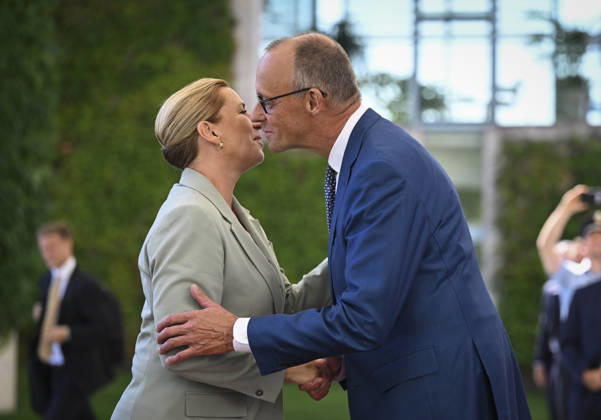 Danish Prime Minister Mette Frederiksen in Berlin BERLIN, GERMANY - AUGUST 27: German Chancellor Friedrich Merz (R) welcomes Danish Prime Minister Mette Frederiksen (L) prior to a meeting with heads of government at the Federal Chancellery in Berlin, Germany, on August 27, 2026. Halil Sagirkaya Anadolu Berlin Germany. Editorial use only. Please get in touch for any other usage.  Copyright: x2026xAnadoluxHalilxSagirkayax