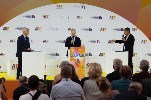 Second day of La REF 2026 meeting - Paris French Communist party national secretary Fabien Roussel, President of Frances mayors association and mayor of Cannes David Lisnard during the La REF 2026 meeting of French entrepreneurs, organised by the MEDEF, France s main employers federation, at the Roland-Garros venue in Paris on August 27, 2026. Photo by Raphael Lafargue ABACAPRESS.COM Paris France  Copyright: xLafarguexRaphael ABACAx