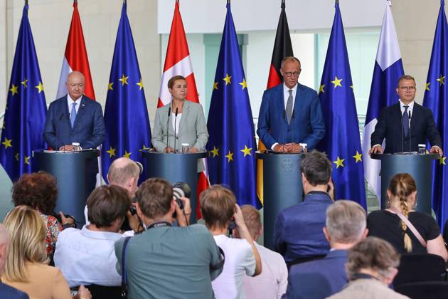 Berlin, Deutschland, 27.08.2026: Bundeskanzleramt: Empfang von gleichgesinnten Regierungschefs für Beratung über EU-Finanzrahmen: L-R: Christian Stocker (Österreich), Mette Frederiksen (Dänemark), Bundeskanzler Friedrich Merz (CDU) (Deutschland), Petteri Orpo (Finnland) Copyright: xdtsxNachrichtenagenturx dts_131438