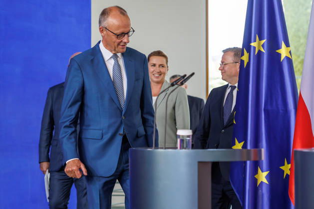 Treffen der Staats- und Regierungschefs der Like-Minded Staaten Treffen der Staats- und Regierungschefs der Like-Minded Staaten Bundeskanzler Christian Stocker (Oesterreich), Ministerpraesident Petteri Orpo (Finnland) und Ministerpraesidentin Mette Frederiksen (Daenemark) im Bundeskanzleramt in Berlin am 27.08.2026. Berlin Berlin Deutschland Bundeskanzleramt