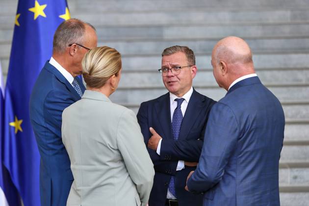 Berlin, Deutschland, 27.08.2026: Bundeskanzleramt: Empfang von gleichgesinnten Regierungschefs für Beratung über EU-Finanzrahmen: L-R: Bundeskanzler Friedrich Merz (CDU) (Deutschland), Mette Frederiksen (Dänemark), Petteri Orpo (Finnland), Christian Stocker (Österreich) Copyright: xdtsxNachrichtenagenturx dts_131392
