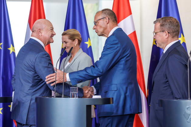 Treffen der Staats- und Regierungschefs der Like-Minded Staaten Treffen der Staats- und Regierungschefs der Like-Minded Staaten Bundeskanzler Christian Stocker (Oesterreich), Ministerpraesident Petteri Orpo (Finnland) und Ministerpraesidentin Mette Frederiksen (Daenemark) im Bundeskanzleramt in Berlin am 27.08.2026. Berlin Berlin Deutschland Bundeskanzleramt