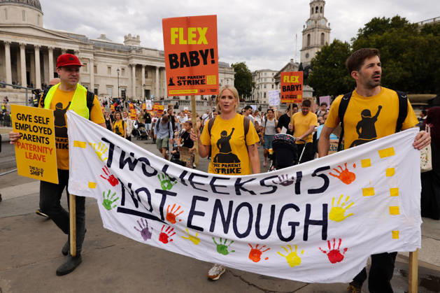 August 27, 2026, London, London, UK: London, UK. Fexible-working campaigner and founder of Mother Pukka, Anna Whitehouse joins hundreds of parents and children holding placards during the first Parent Strike march from Trafalgar Square to Admiralty Place, London, demanding improved flexible working arrangements and paternity leave. The demonstration was led by flexible-working campaigner and founder of Mother Pukka, Anna Whitehouse, and campaign group The Dad Shift. London UK - ZUMAl94_ 20260827_zaf_l94_017 Copyright: xDinendraxHariax