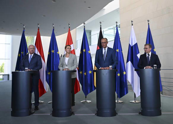 German Chancellor Merz hosts Austrian, Danish, and Finnish counterparts in Berlin BERLIN, GERMANY - AUGUST 27: (L-R) Chancellor of Austria Christian Stocker, Prime Minister of Denmark Mette Frederiksen, Chancellor of Germany Friedrich Merz, and Prime Minister of Finland Petteri Orpo attend a joint press conference following their quadripartite meeting at the Federal Chancellery in Berlin, Germany, on August 27, 2026. The European leaders met to discuss regional security, European Union policies, and economic cooperation. Halil Sagirkaya Anadolu Berlin Germany. Editorial use only. Please get in touch for any other usage. Copyright: x2026xAnadoluxHalilxSagirkayax