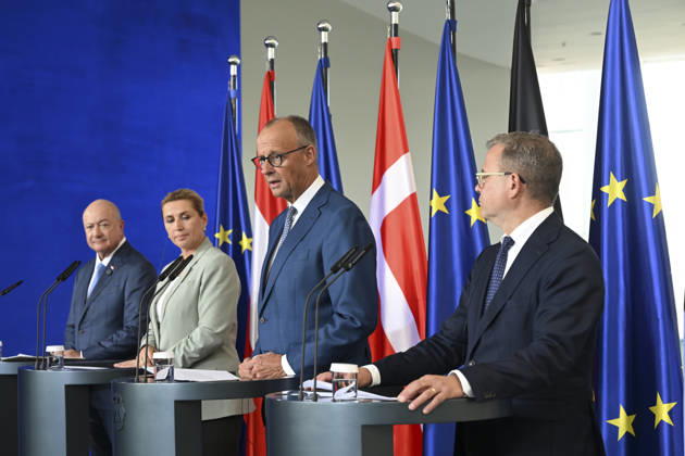German Chancellor Merz hosts Austrian, Danish, and Finnish counterparts in Berlin BERLIN, GERMANY - AUGUST 27: (L-R) Chancellor of Austria Christian Stocker, Prime Minister of Denmark Mette Frederiksen, Chancellor of Germany Friedrich Merz, and Prime Minister of Finland Petteri Orpo attend a joint press conference following their quadripartite meeting at the Federal Chancellery in Berlin, Germany, on August 27, 2026. The European leaders met to discuss regional security, European Union policies, and economic cooperation. Halil Sagirkaya Anadolu Berlin Germany. Editorial use only. Please get in touch for any other usage. Copyright: x2026xAnadoluxHalilxSagirkayax