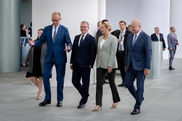 Bundeskanzleramt, Treffen Like-Minded States (gleichgesinnte Staaten) Berlin, Bundeskanzleramt, Ankunft, Bundeskanzler, Friedrich Merz, Bundeskanzler, Christian Stocker, Österreich, Ministerpräsident, Petteri Orpo, Finnland, Ministerpräsidentin, Mette Frederiksen, Dänemark Berlin Berlin GER