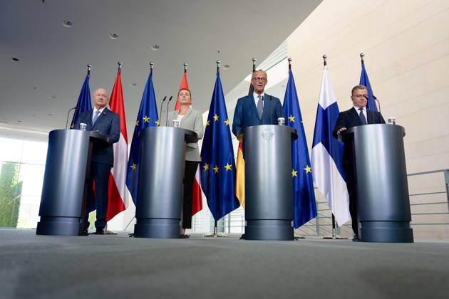 Bundeskanzleramt, Treffen Like-Minded States (gleichgesinnte Staaten) Berlin, Bundeskanzleramt, Pressekonferenz, Bundeskanzler, Friedrich Merz, Bundeskanzler, Christian Stocker, Österreich, Ministerpräsident, Petteri Orpo, Finnland, Ministerpräsidentin, Mette Frederiksen, Dänemark Berlin Berlin GER