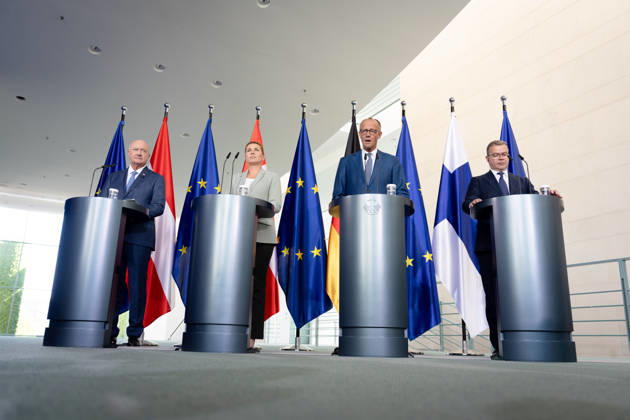 Bundeskanzleramt, Treffen Like-Minded States (gleichgesinnte Staaten) Berlin, Bundeskanzleramt, Pressekonferenz, Bundeskanzler, Friedrich Merz, Bundeskanzler, Christian Stocker, Österreich, Ministerpräsident, Petteri Orpo, Finnland, Ministerpräsidentin, Mette Frederiksen, Dänemark Berlin Berlin GER