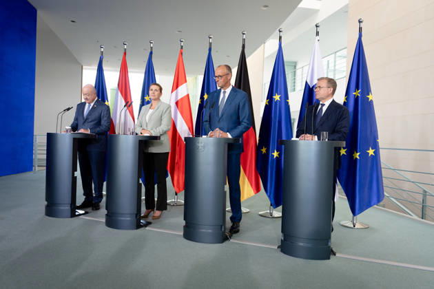 Bundeskanzleramt, Treffen Like-Minded States (gleichgesinnte Staaten) Berlin, Bundeskanzleramt, Pressekonferenz, Bundeskanzler, Friedrich Merz, Bundeskanzler, Christian Stocker, Österreich, Ministerpräsident, Petteri Orpo, Finnland, Ministerpräsidentin, Mette Frederiksen, Dänemark Berlin Berlin GER