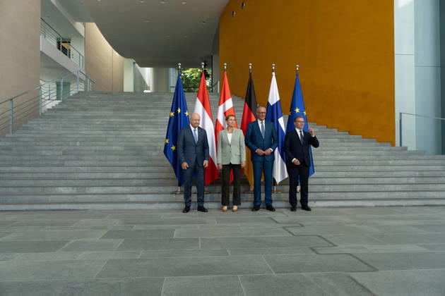 Bundeskanzleramt, Treffen Like-Minded States (gleichgesinnte Staaten) Berlin, Bundeskanzleramt, Bundeskanzler, Friedrich Merz, Bundeskanzler, Christian Stocker, Österreich, Ministerpräsident, Petteri Orpo, Finnland, Ministerpräsidentin, Mette Frederiksen, Dänemark Berlin Berlin GER