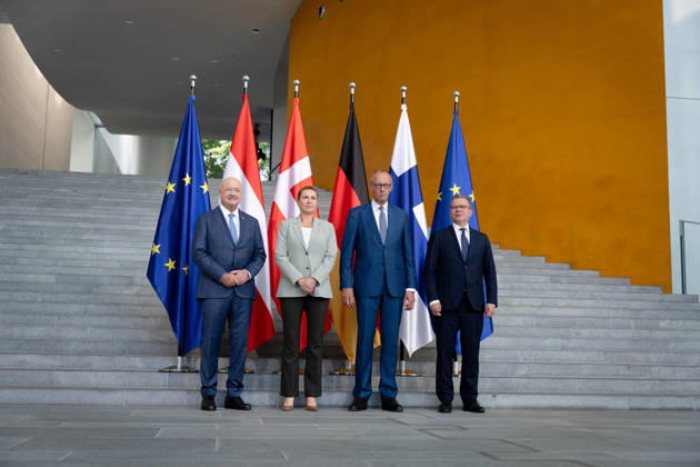 Bundeskanzleramt, Treffen Like-Minded States (gleichgesinnte Staaten) Berlin, Bundeskanzleramt, Bundeskanzler, Friedrich Merz, Bundeskanzler, Christian Stocker, Österreich, Ministerpräsident, Petteri Orpo, Finnland, Ministerpräsidentin, Mette Frederiksen, Dänemark Berlin Berlin GER