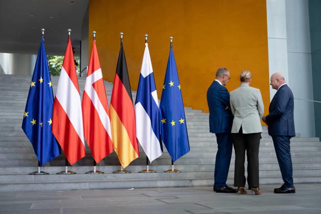 Bundeskanzleramt, Treffen Like-Minded States (gleichgesinnte Staaten) Berlin, Bundeskanzleramt, Bundeskanzler, Friedrich Merz, Bundeskanzler, Christian Stocker, Österreich, Ministerpräsident, Petteri Orpo, Finnland, Ministerpräsidentin, Mette Frederiksen, Dänemark Berlin Berlin GER