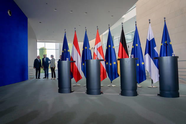 Bundeskanzleramt, Treffen Like-Minded States (gleichgesinnte Staaten) Berlin, Bundeskanzleramt, Pressekonferenz, Bundeskanzler, Friedrich Merz, Bundeskanzler, Christian Stocker, Österreich, Ministerpräsident, Petteri Orpo, Finnland, Ministerpräsidentin, Mette Frederiksen, Dänemark Berlin Berlin GER