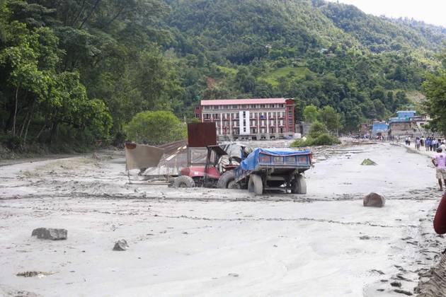 August 27, 2026, Nuwakot, Nepal: NUWAKOT, NEPAL, AUGUST 26, 2026: Houses and other structures in Trishuli Devighat Bazaar, Nuwakot, are seen damaged following flooding in the Bhotekoshi River in Rasuwa. Nuwakot Nepal  - ZUMAq101 20260827_zna_q101_007 Copyright: xGopalxDahalx