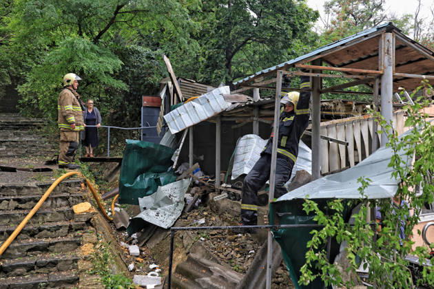 State Emergency Service rescuers deal with the consequences of a Russian attack in the Prymorskyi district of Odesa, Ukraine, August 27, 2026. On the night and morning of August 27, the Russian Federation attacked Odesa. The Russian army massively attacked Odesa with missiles and drones. The Russian strikes damaged infrastructure, an academic institution, and a multi-storey building. (Photo by Nina Liashonok Ukrinform) Odesa hit by overnight and daytime Russian strikes  Copyright: xNinaxLiashonokx