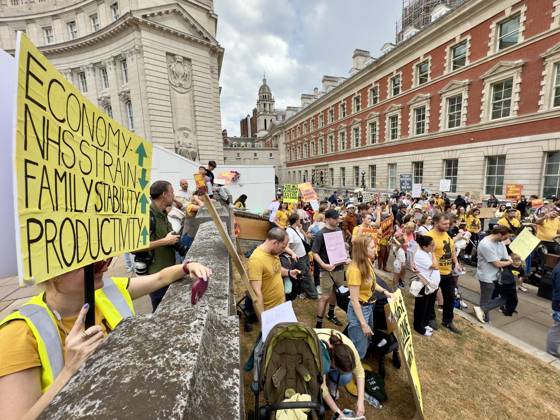 Families demonstrate in London over rising childcare expenses and workplace rights LONDON, UNITED KINGDOM - AUGUST 27: Parents and families gather to hold a protest demanding government action against soaring childcare costs, inadequate parental leave policies, and the lack of workplace flexibility and support in London, United Kingdom, on August 27, 2026. Demonstrators carrying placards and accompanied by their young children voiced frustration over rising living expenses and the severe economic burden placed on working families across the country. Muhammed Yaylali Anadolu London United Kingdom. Editorial use only. Please get in touch for any other usage.  Copyright: x2026xAnadoluxMuhammedxYaylalix