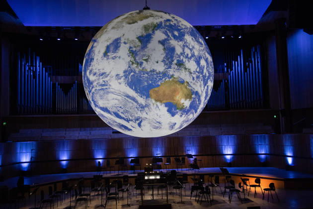 Luke Jerram s Earth Installation GAIA Suspended over Royal Festival Hall Stage at Royal Festival Hall, London, UK - Thursday 27 August 2026 A General view of GAIA by Luke Jerram at Royal Festival Hall, London, England, UK on Thursday 27 August, 2026. The Installation runs from Friday 28th August - 30th August 2026 and Orchestral performances from the BBC Concert Orchestra will take place on Friday 28th and Saturday 29th August 2026., Credit:Justin Ng Avalon UK, England, London, Royal Festival Hall Copyright: xJustinxNgx xAvalonx 1128810174