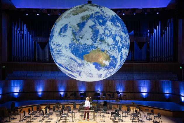 Luke Jerram s Earth Installation GAIA Suspended over Royal Festival Hall Stage at Royal Festival Hall, London, UK - Thursday 27 August 2026 A General view of GAIA by Luke Jerram at Royal Festival Hall, London, England, UK on Thursday 27 August, 2026. The Installation runs from Friday 28th August - 30th August 2026 and Orchestral performances from the BBC Concert Orchestra will take place on Friday 28th and Saturday 29th August 2026., Credit:Justin Ng Avalon UK, England, London, Royal Festival Hall Copyright: xJustinxNgx xAvalonx 1128810182