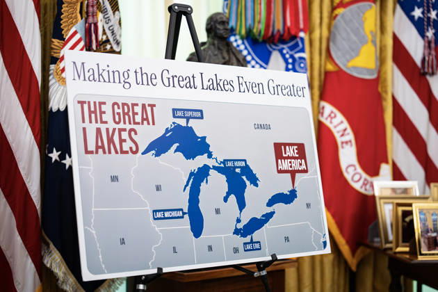 A poster shows the name change from Lake Ontario to Lake America, as US President Donald Trump signs an executive order on the renaming, amid a recent trade war with Canada, in the Oval Office of the White House in Washington, DC on Thursday, August 27, 2026.  WASP20260827106 AlxDrago