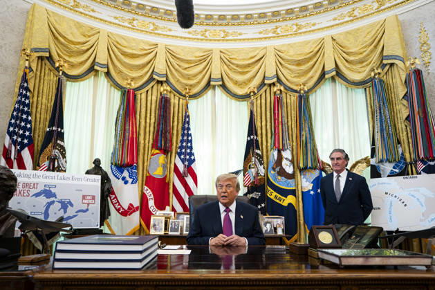 President Donald Trump speaks to members of the media following signing an executive order to rename Lake Ontario as Lake America, amid a recent trade war with Canada,, in the Oval Office of the White House in Washington, DC on Thursday, August 27, 2026.  WASP20260827109 AlxDrago