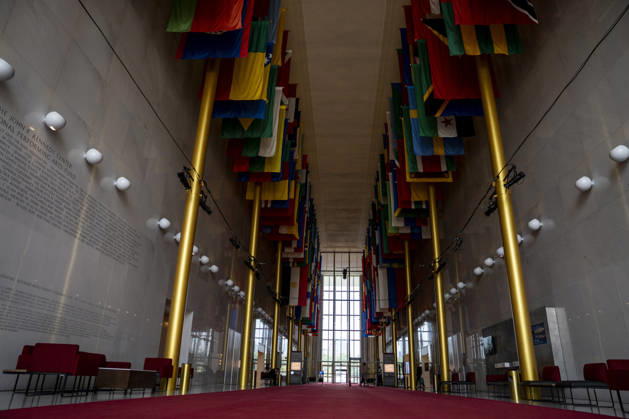 The Hall of Nations is seen inside the John F. Kennedy Center for Performing Arts in Washington, DC on Thursday, August 27. 2026. In a court ruling filed earlier this week, the Trump Administration said they may demolish the center if proposed renovation plans are blocked.  WAP20260827309 BONNIExCASH